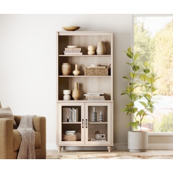 WAMPAT 5 Tier Bookshelf 72" Tall Bookcase \w Glass Doors, Large Farmhouse Display Book Shelf \w Adjustable Shelves And Storage Cabinet, Wooden