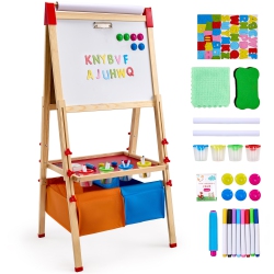 VEVOR 3-In-1 Wooden Double-Sided Kid's Art Easel \w Magnetic Whiteboard, Chalkboard, Paper Roll, Adjustable Standing Drawing Board \w Painting