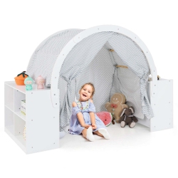COSTWAY Indoor Playhouse With Storage Wooden Kids Play Tent With Curtain Shades & 8 Cubbies
