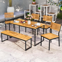 COSTWAY 6 PCs Outdoor Acacia Wood Dining Set With Bench And 2" Umbrella Hole Outdoor Patio