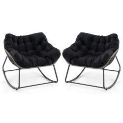 COSTWAY 1/2 PCs Outdoor Rocking Chair Oversized Patio Pe Wicker Egg Chair Rattan Lounge Chair Black/gray