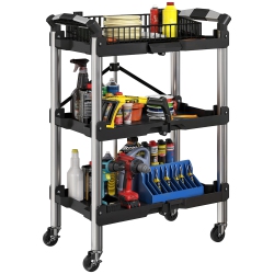 HOMCOM 3-Tier Collapsible Tool Cart \w Wheels, 150 Lbs Capacity Folding Utility Cart \w Handles, Mobile Service Tool Organizer for Garage