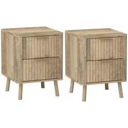 HOMCOM Night Stands Set Of 2, Nightstands With Finger Pulls And Fluted Drawers, Modern Nordic Bedside Tables With Round Edges for Bedroom, Oak