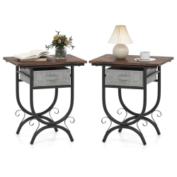 COSTWAY 1/2 PCs Side Table With Fabric Drawer Carved Metal Frame Industrial End Table Nightstand