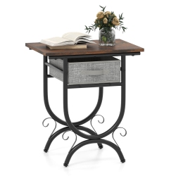 COSTWAY 1/2 PCs Side Table With Fabric Drawer Carved Metal Frame Industrial End Table Nightstand