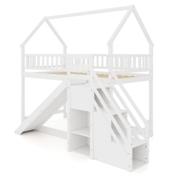 COSTWAY Twin Over Twin Bunk Bed With Slide & Staircase With Storage Compartments White/gray