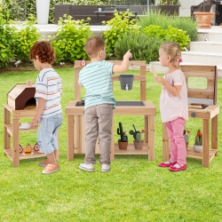 COSTWAY 3-Piece Outdoor Wooden Kitchen Playset Kids Mud Kitchen Bbq Grill & Pizza Oven