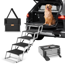 VEVOR 5-Step Wide Dog Stair for Cars, Dog Car Steps, Folding Dog Car Ramp \w Nonslip Surface, Portable Pet Steps Lightweight Aluminum for Car, Suv And