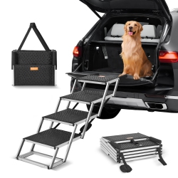 VEVOR 4-Step Wide Dog Stair for Cars, Dog Car Steps, Folding Dog Car Ramp \w Nonslip Surface, Portable Pet Steps Lightweight Aluminum for Car, Suv And