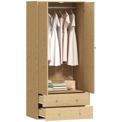 HOMCOM Modern Wardrobe Closet Armoire With 2 Drawers And Hanging Rod, Clothes Storage Organizer With Anti-Tipping Design for Bedroom, Natural Wood
