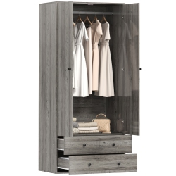 HOMCOM Modern Wardrobe Closet Armoire With 2 Drawers And Hanging Rod, Clothes Storage Organizer With Anti-Tipping Design for Bedroom In Grey