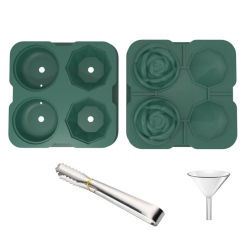 GREEN SCENIC Food Grade Silicone Ice Ball Molds (2 Shapes + 4 Grids) \w Splash-Proof Lid, Ice Tongs And Funnel, Home Whiskey Cocktail Ice Maker (2