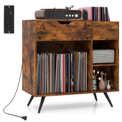 COSTWAY Record Player Stand With Power Outlet, Drawer, Removable Divider Industrial Turntable Display Stand