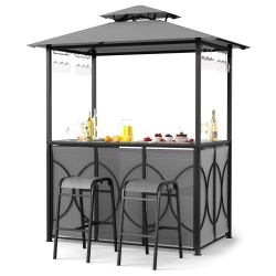 COSTWAY 6.5 X 4 X 8 Ft Grill Gazebo Set With 2 Bar Stools, Tempered Glass Bar Table Brown/gray