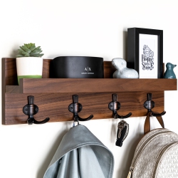 STRAGA 23" Walnut Entryway Organizer W/4 Hooks & Shelf - Wall-Mounted Coat Rack for Keys, Bags - Mudroom, Hallway - 10