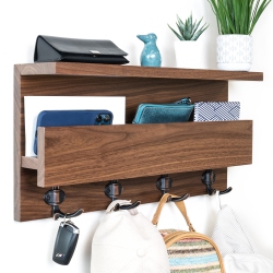 STRAGA 23" Walnut Coat Rack W/2 Shelves & 4 Hooks - Entryway Organizer for Coats, Keys, Mail - Mudroom, Hallway - 04