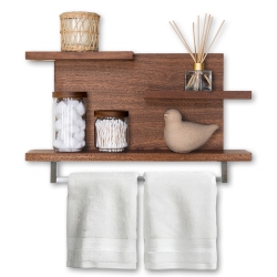 STRAGA Handmade 23" 3-Tier Shelf W/18" Towel Bar - Solid Wood Floating Organizer for Bathroom, Kitchen, Bedroom - 03 In Mahogany