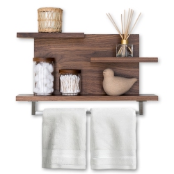 STRAGA 23" Walnut 3-Tier Shelf W/18" Towel Bar - Floating Organizer for Bathroom, Kitchen, Bedroom - 03