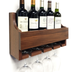STRAGA Rustic Walnut Wine Rack & Glass Holder - Wall Mounted for 4 Bottles & Stemware - Natural Wood Grain - 14