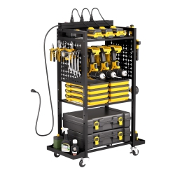 VEVOR 4-Tier Tool Organizer Cart \w Charging Station, 8 Ac Outlet, Floor Stand Rolling Drill Holder And Tool Battery Storage Rack On Wheels, Garage