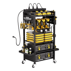 VEVOR 5-Tier Tool Organizer Cart \w Charging Station, 8 Ac Outlet, Floor Stand Rolling Drill Holder And Tool Battery Storage Rack On Wheels, Garage