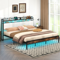 GYMAX King Size Bed Frame W/led Light & Charging Station Heavy Duty Metal Platform Bed