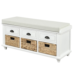 KEPOOMAN Rustic Storage Bench With 3 Drawers And 3 Rattan Baskets, Shoe Bench for Living Room - In White