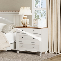 WAMPAT Farmhouse Nightstand \w 3 Drawers, Large Wood Bedside Table Night Stand, Wide Sofa Side End Table 3 Drawers Chest Of Dresser for Living Room