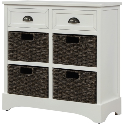 KEPOOMAN Rustic Storage Cabinet With Two Drawers And Four Classic Rattan Basket for Dining Room/living Room - In White