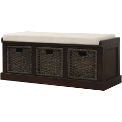 KEPOOMAN Rustic Storage Bench With 3 Removable Classic Rattan Basket, Entryway Bench With Removable Cushion - Espresso