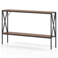 COSTWAY Narrow Console Table 2-Tier Entryway Table With Storage 2 Support Bars Sofa Table Brown/white