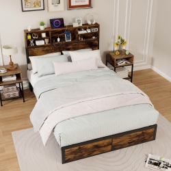 COSTWAY Twin/queen/king/full Bed Frame With Charging Station Storage Headboard Under-Bed Storage Space