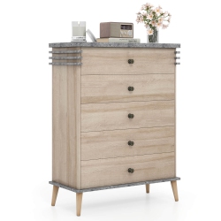 COSTWAY 5-Drawer Dresser Farmhouse Chest Of Drawers With Rubber Wood Legs Anti-Tipping Kit