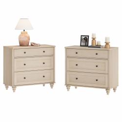 WAMPAT Farmhouse Nightstand \w 3 Drawers, Set Of 2 Large 3 Drawers Wood Bedside Table Night Stand, Wide Sofa Side End Table Chest Of Dresser For