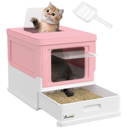 PAWHUT Cat Litter Box, Enclosed Foldable Kitty Litter Box With Scoop, Tray, Front & Top Entry, Large Space, Portable Design In Pink