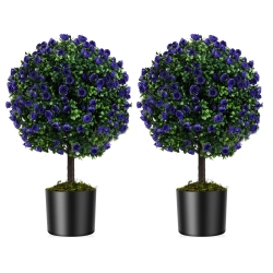 COSTWAY Set Of 2 Artificial Rose Topiary Ball Trees 22" Faux Boxwood Ball Tree In Purple