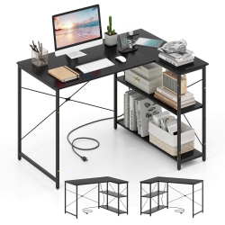 COSTWAY L-Shaped Computer Desk With Power Outlets Adjustable Shelf Heavy-Duty Metal Frame Brown/white/black