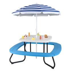 COSTWAY Kids Picnic Table Outdoor Activity Table With Adjustable & Collapsible Umbrella Blue/white/brown