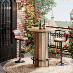 LANTINE Round Bar Table, 39.4" H Wood Bistro Pub Table With Metal Ring Footrest for Dining Coffee Cocktail Living Room, Small Space(Only Table)