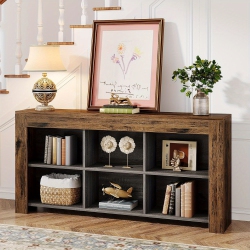 LANTINE 63-Inch Long Console Table, Rustic Wood Entryway Table \w 6 Storage Cubes, Industrial Narrow Sofa Table Behind Couch Table for Living Room