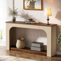 LANTINE 55-Inch Console Table With Led Lights, 2-Tier Narrow Sofa Table, Farmhouse Wood Entryway for Living Room & Hallway, Rustic & Light Oak