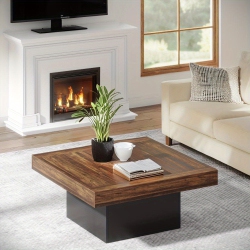 LANTINE Furniture for Home, Coffee Table Square Led Coffee Table Engineered Wood Low Coffee Table for Living Room Rustic & Black In Brown