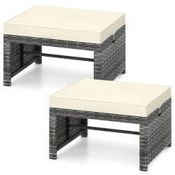 GYMAX 2 Pieces Patio Pe Rattan Ottomans With Soft Zippered Cushions for Deck Frame