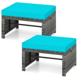 GYMAX 2 Pieces Patio Pe Rattan Ottomans With Soft Zippered Cushions for Deck Frame