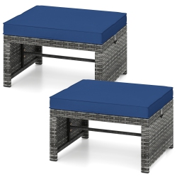 GYMAX 2 Pieces Patio Pe Rattan Ottomans With Soft Zippered Cushions for Deck Frame