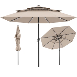GYMAX 10 Ft Solar Patio Umbrella W/ 32 Led Lights 3-Tier Vented Top Tilt Adjustment