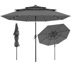 GYMAX 10 Ft Solar Patio Umbrella W/ 32 Led Lights 3-Tier Vented Top Tilt Adjustment