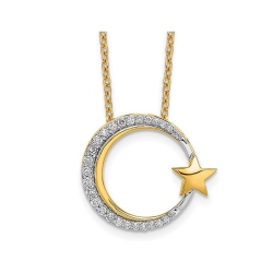 GEM AND HARMONY 14K And Wihite Gold Moon And Star Charm Pendant Necklace With Chain And Diamonds In Yellow