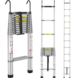 VEVOR 15 Ft Telescoping Ladder, Aluminum One-Button Retraction Collapsible Extension Ladder, 400 Lbs Capacity \w Non-Slip Feet, Portable