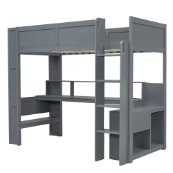 KEPOOMAN Wood Twin Size Gaming Loft Bed With Desk, Multi-Storage Shelves, Led And Charging Station In Dark In Gray